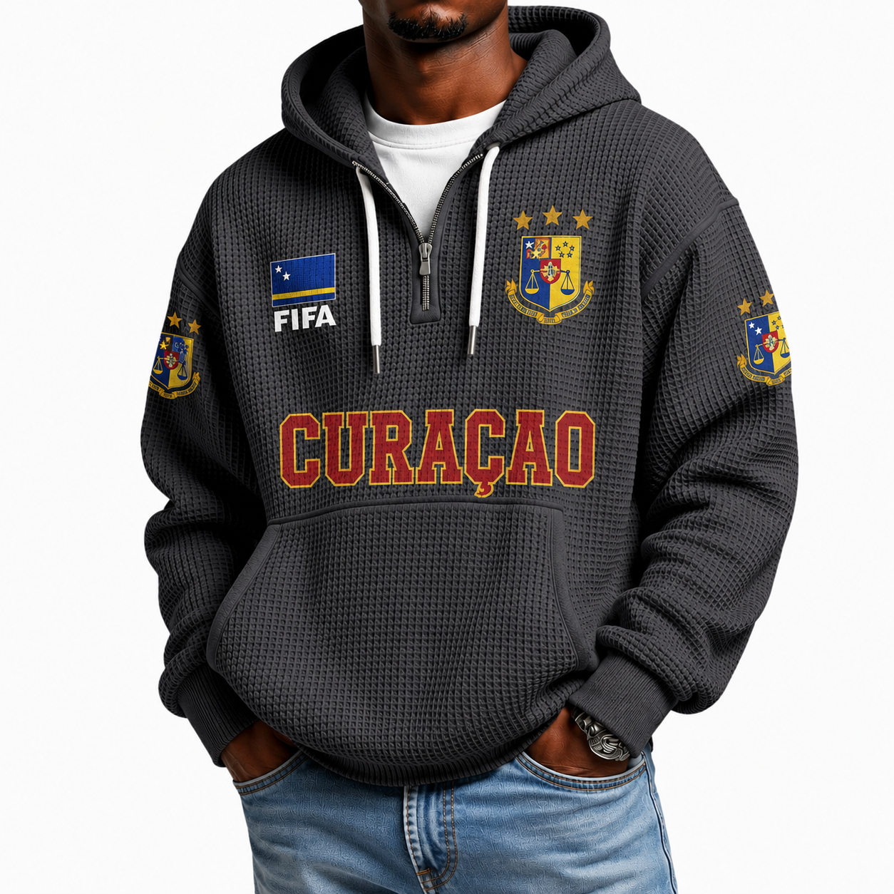 FIFA 2026 Curacao Printed Waffle Quarter Zip Football Fan Hoodie