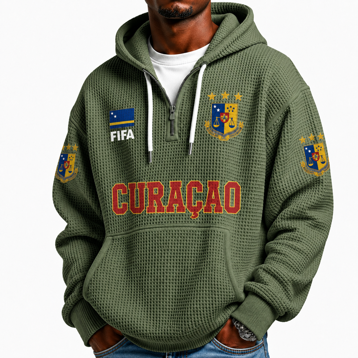 FIFA 2026 Curacao Printed Waffle Quarter Zip Football Fan Hoodie