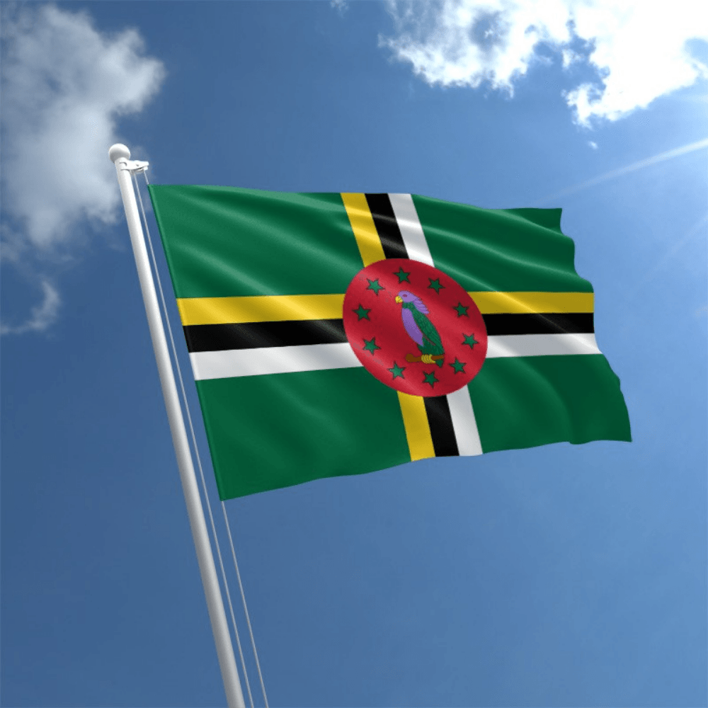 Dominica Country National Flag flying on outdoor flagpole