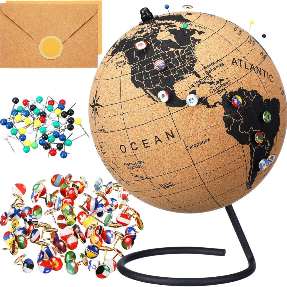 Cork Themed Travel Globe – Interactive Educational Globe with Pins-Globe Flags