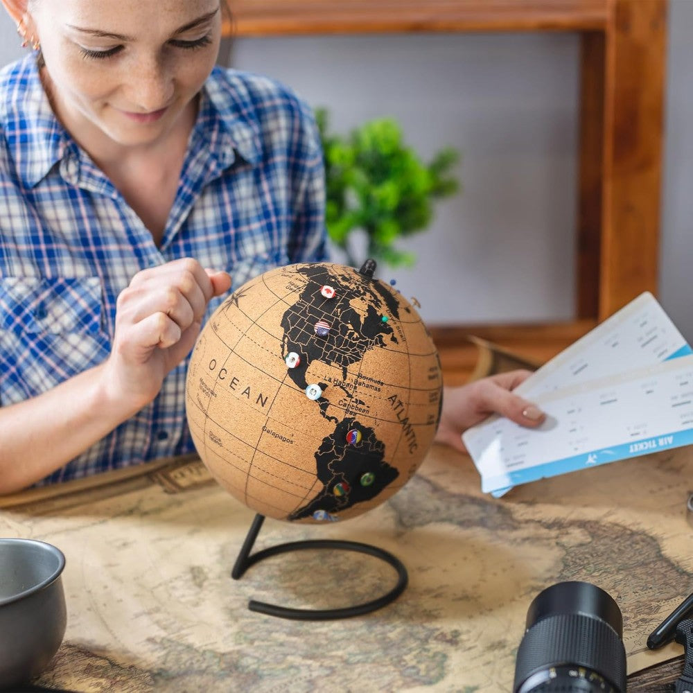 Cork Themed Travel Globe – Interactive Educational Globe with Pins-Globe Flags