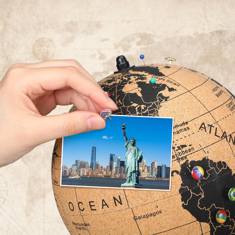 Cork Themed Travel Globe – Interactive Educational Globe with Pins-Globe Flags