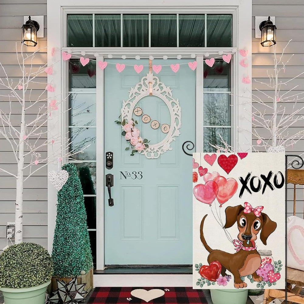 Dachshund Dog With Balloons Printed Valentine Day Garden Flag-Globe Flags