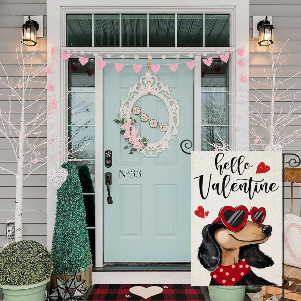 Dachshund Dog With Sunglasses Valentine Garden Flag displayed outdoors on garden stake