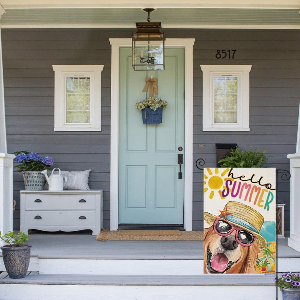 Dog With Sunglasses Printed Summer Garden Flag displayed outdoors on garden stake