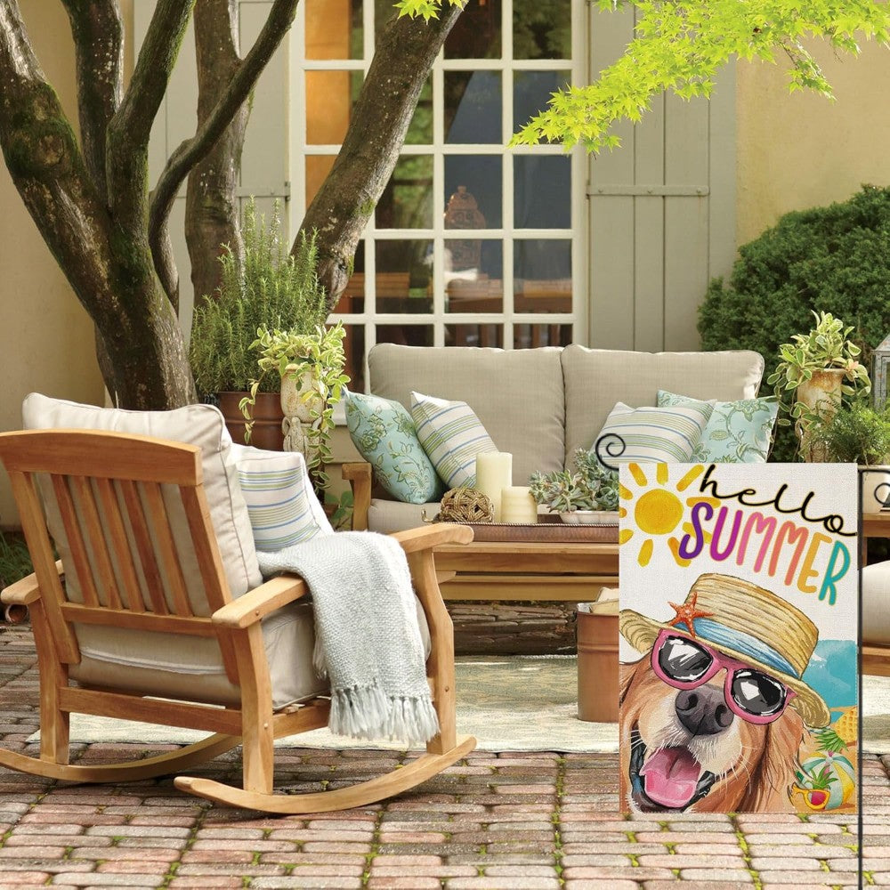 Dog With Sunglasses Printed Summer Garden Flag in garden yard setting