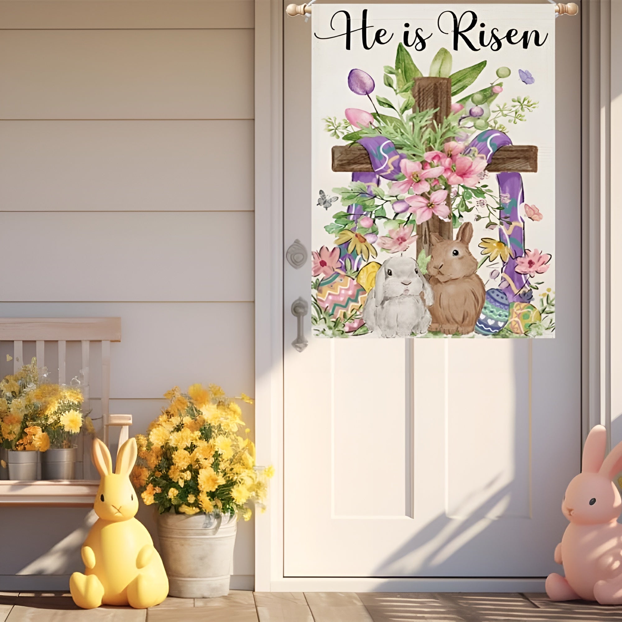 Double Sided Design Easter He Is Risen House Flag close-up showing fabric texture and vivid colors