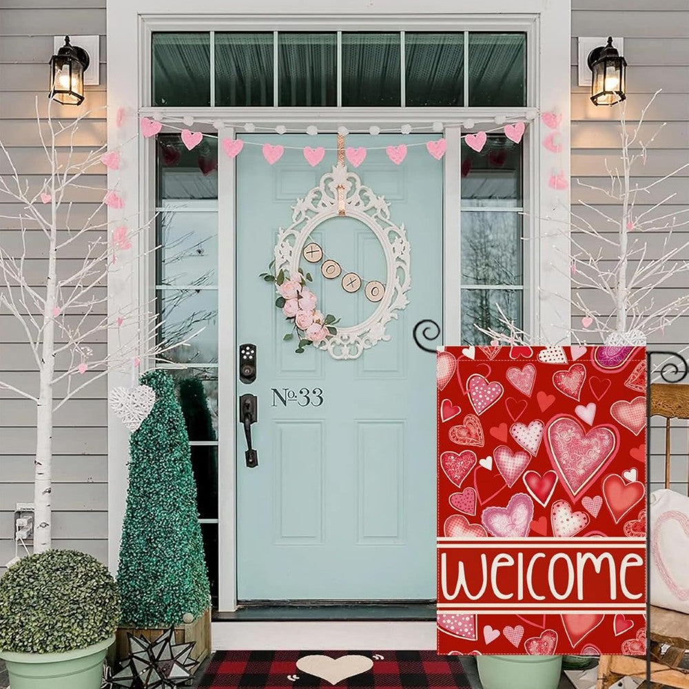 Double Sided Design Valentine Day Garden Flag displayed outdoors on garden stake