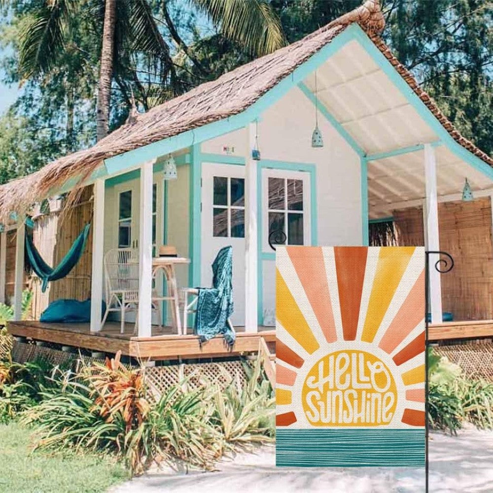 Double Sided Hello Sunshine Printed Garden Flag displayed outdoors on garden stake