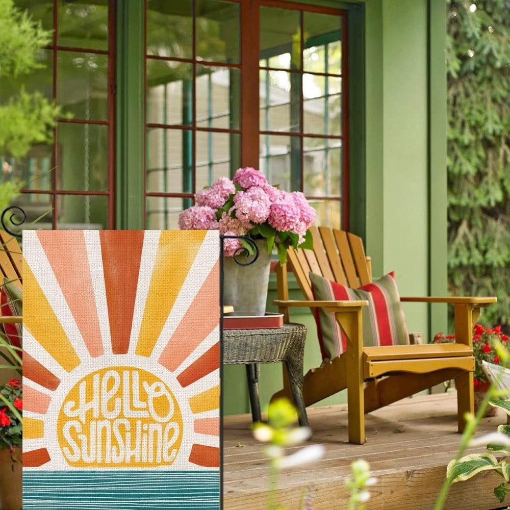 Double Sided Hello Sunshine Printed Garden Flag close-up showing double-sided print quality
