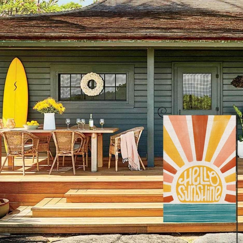 Double Sided Hello Sunshine Printed Garden Flag in garden yard setting