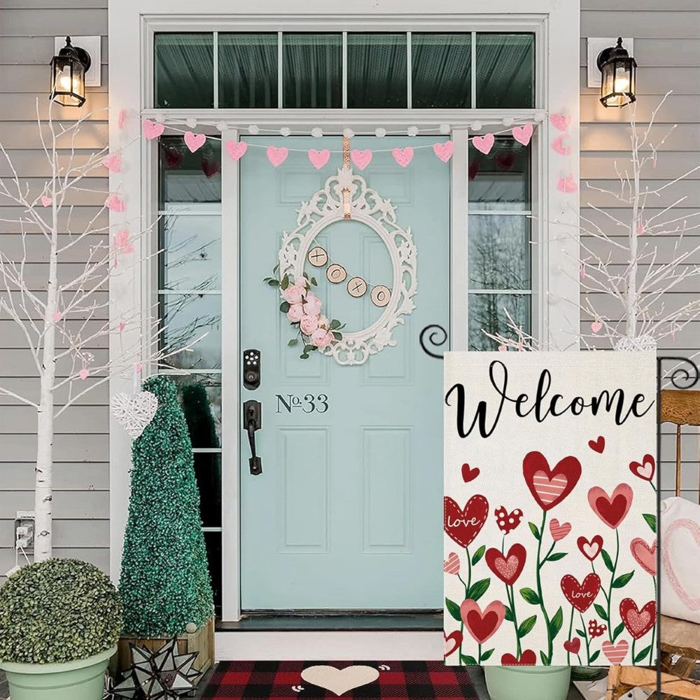 Weather Resistant Valentine Day Garden Flag in garden yard setting