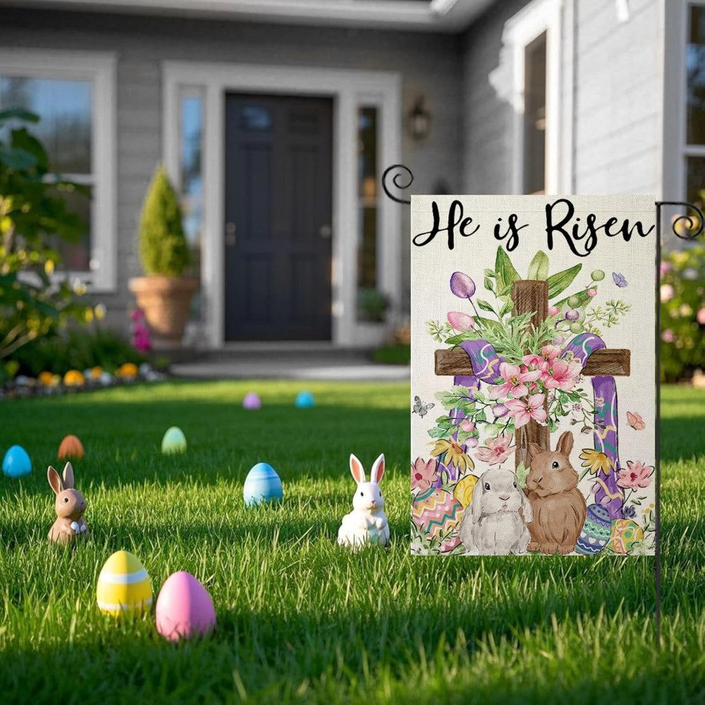 He Is Risen Printed Garden Flag close-up showing double-sided print quality