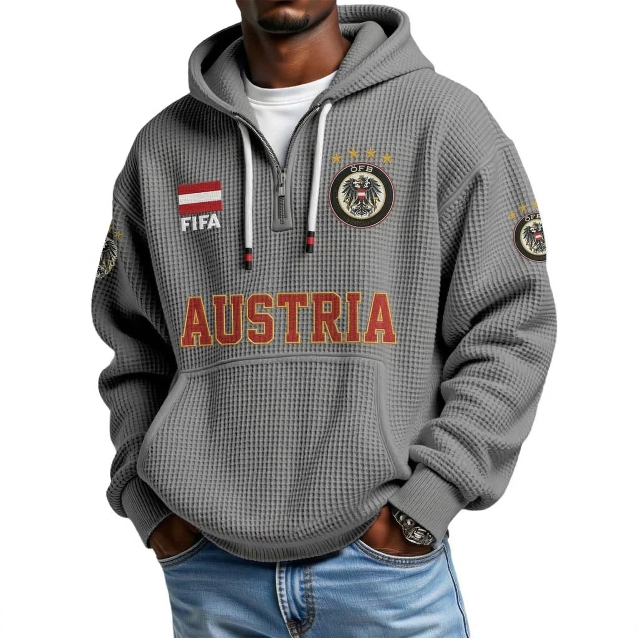FIFA 2026 Austria Printed Waffle Quarter Zip Football Fan Hoodie