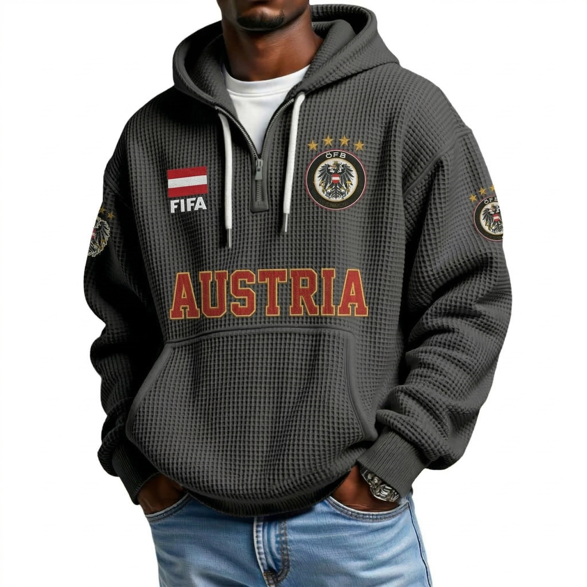 FIFA 2026 Austria Printed Waffle Quarter Zip Football Fan Hoodie