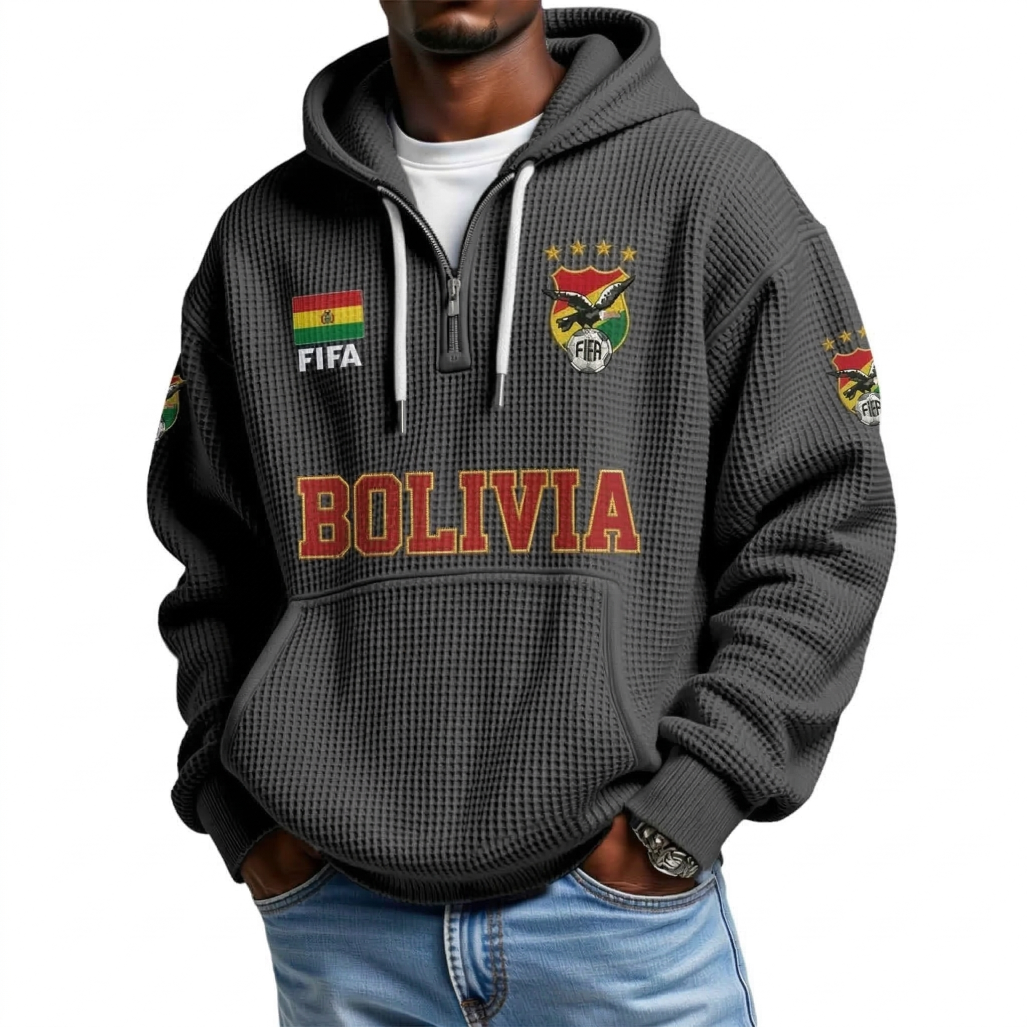 FIFA 2026 Bolivia Printed Waffle Quarter Zip Football Fan Hoodie