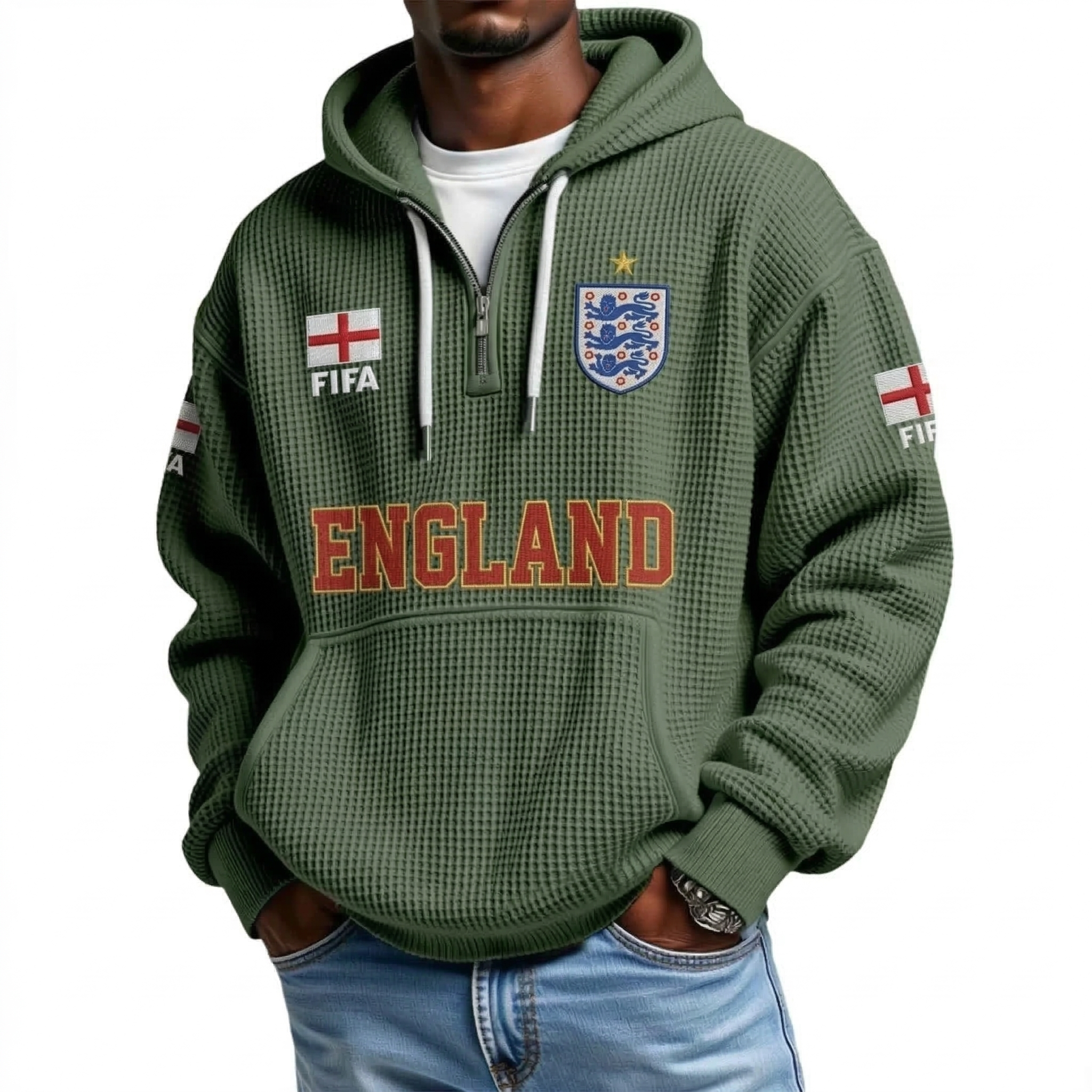 FIFA 2026 England Printed Waffle Quarter Zip Football Fan Hoodie