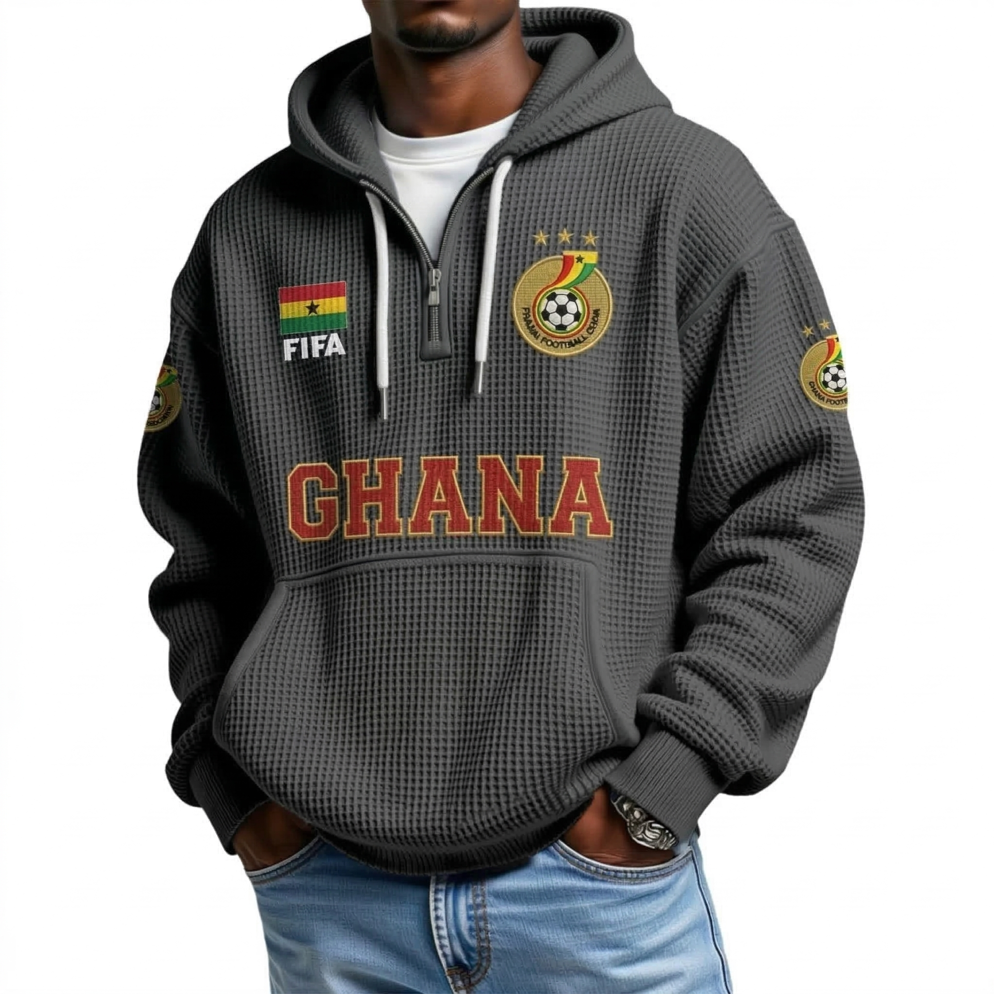 FIFA 2026 Ghana Printed Waffle Quarter Zip Football Fan Hoodie