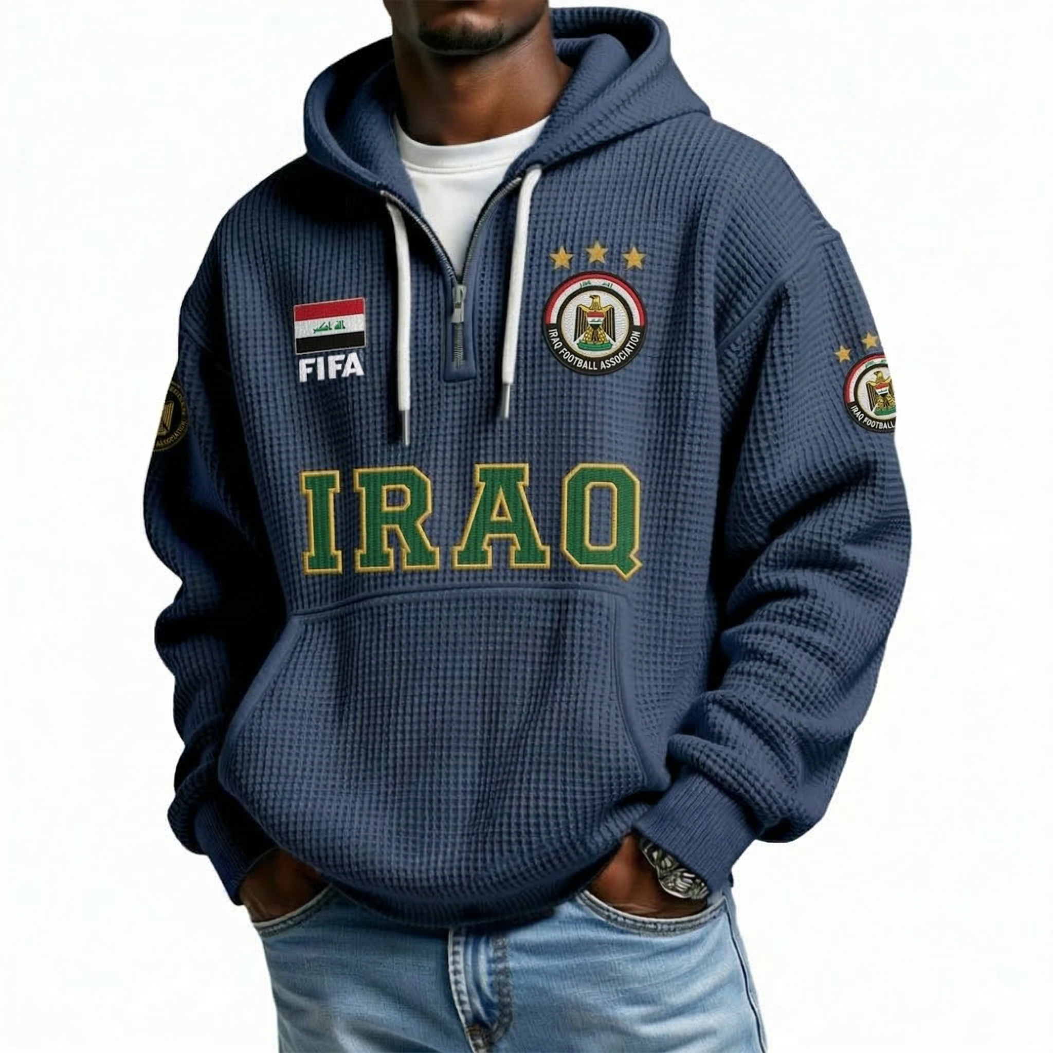 FIFA 2026 Iraq Printed Waffle Quarter Zip Football Fan Hoodie