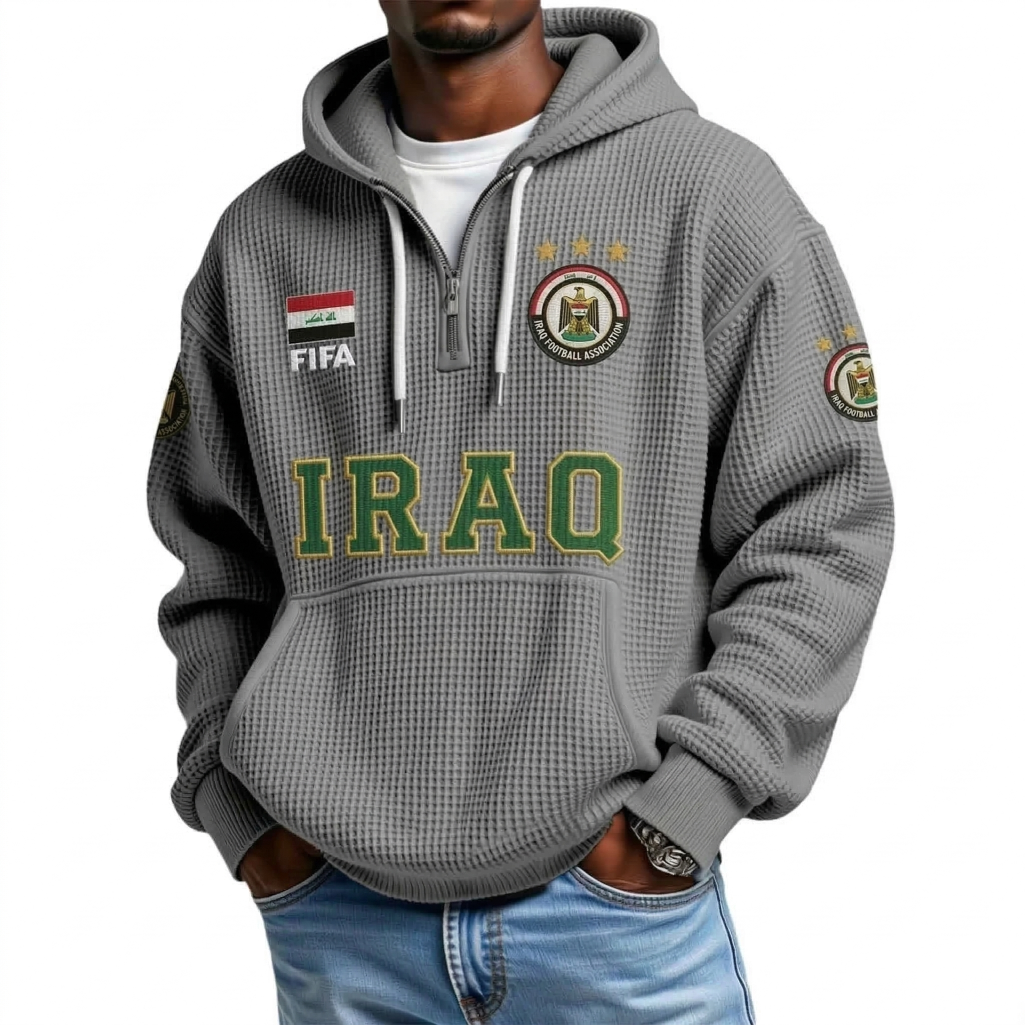 FIFA 2026 Iraq Printed Waffle Quarter Zip Football Fan Hoodie