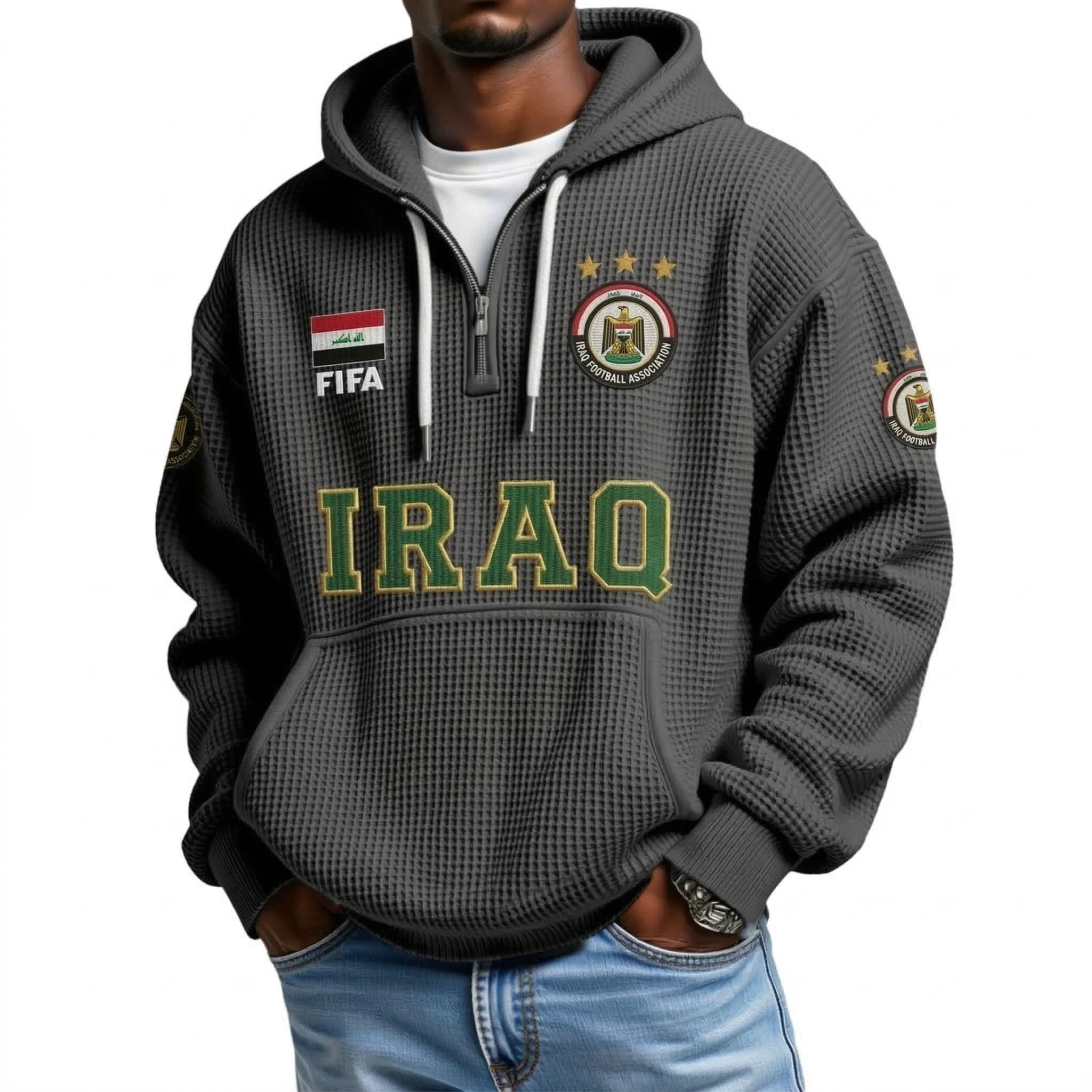 FIFA 2026 Iraq Printed Waffle Quarter Zip Football Fan Hoodie