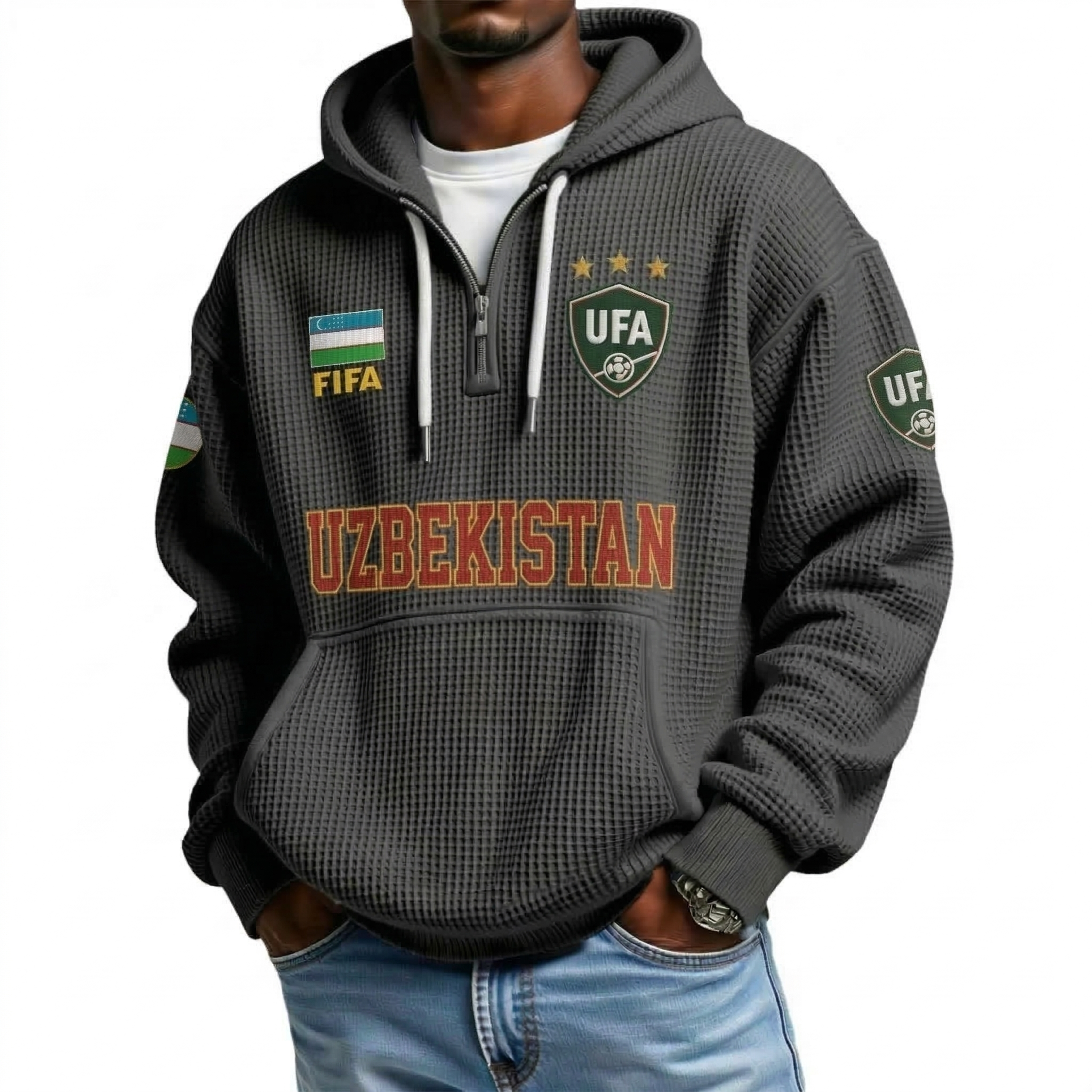 FIFA 2026 Uzbekistan Printed Waffle Quarter Zip Football Fan Hoodie