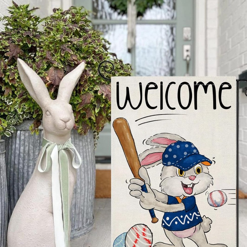 Funny Bunny Playing Baseball Easter Garden Flag displayed outdoors on garden stake