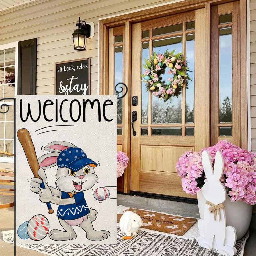 Funny Bunny Playing Baseball Easter Garden Flag close-up showing double-sided print quality