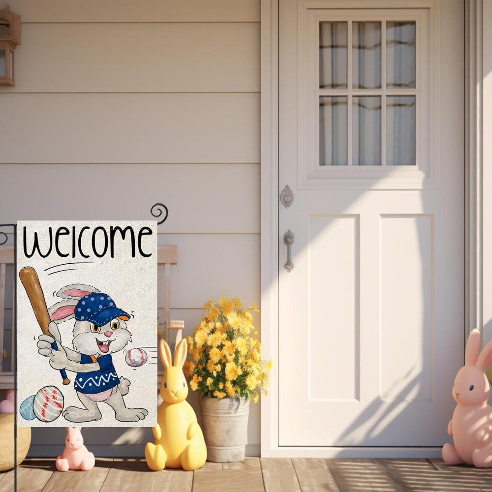 Funny Bunny Playing Baseball Easter Garden Flag in garden yard setting