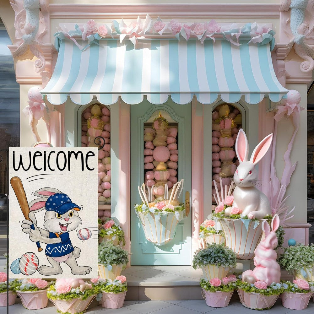 Funny Bunny Playing Baseball Easter Garden Flag fabric detail and color accuracy