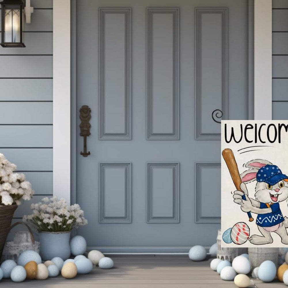 Funny Bunny Playing Baseball Easter Garden Flag size reference showing 12x18 inch dimensions