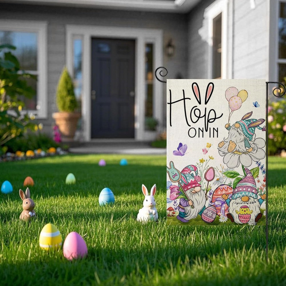 Funny HOP ON IN Printed Easter Garden Flag in garden yard setting