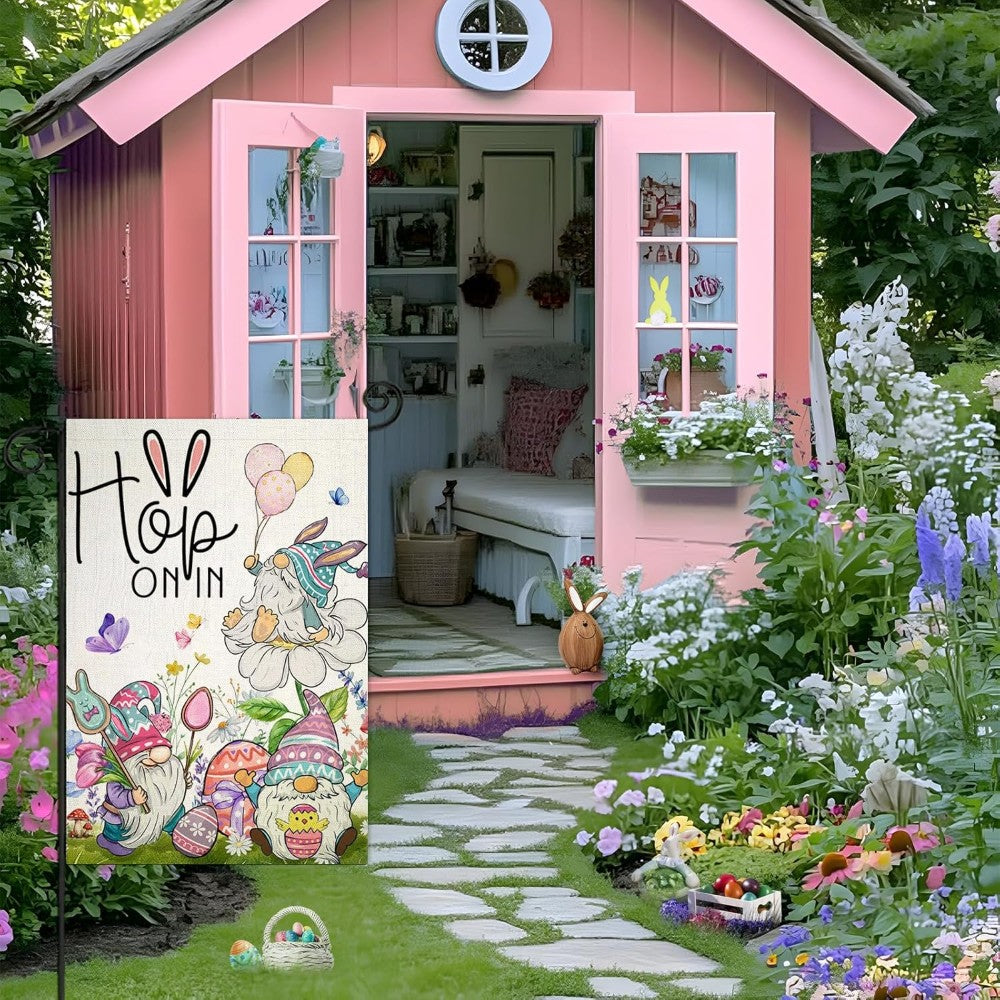 Funny HOP ON IN Printed Easter Garden Flag displayed outdoors on garden stake