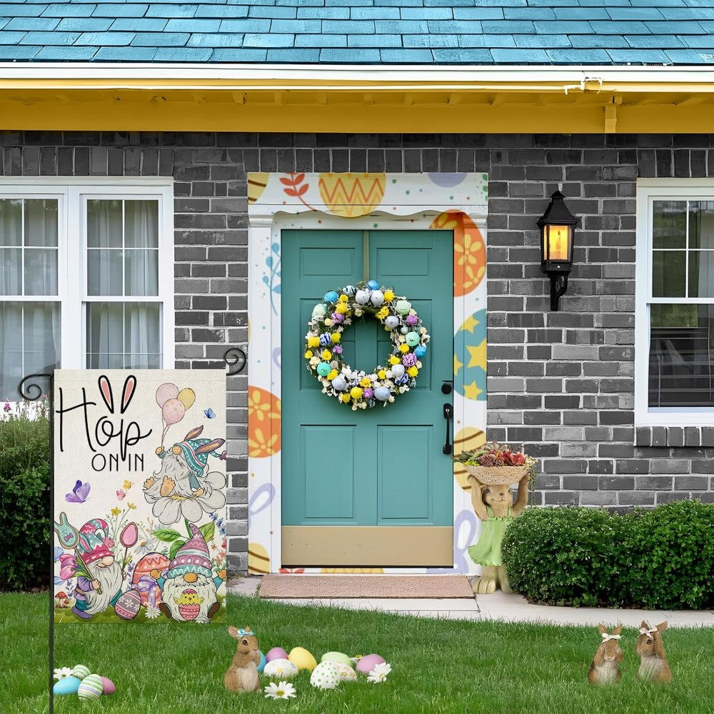 Funny HOP ON IN Printed Easter Garden Flag close-up showing double-sided print quality