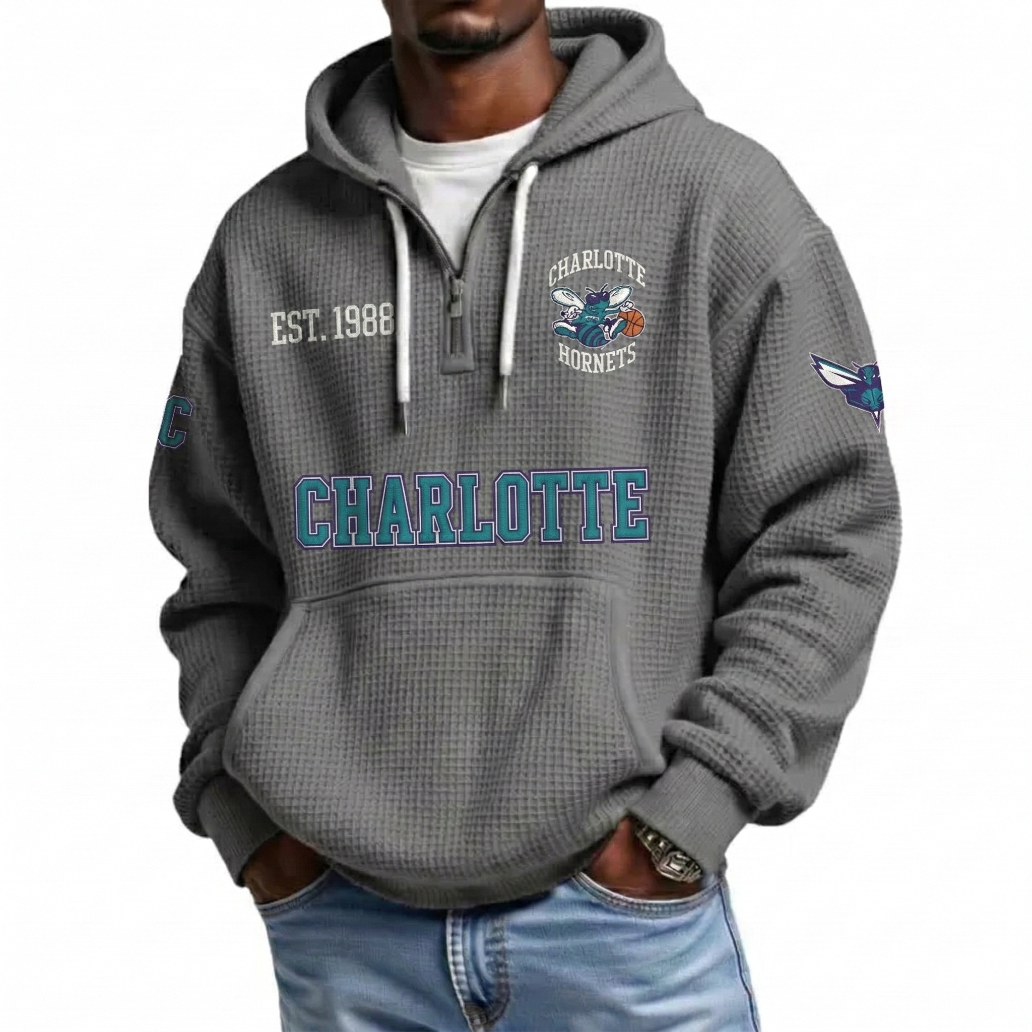 Charlotte Hornets EST 1988 Printed Waffle Quarter Zip Basketball Fan Hoodie