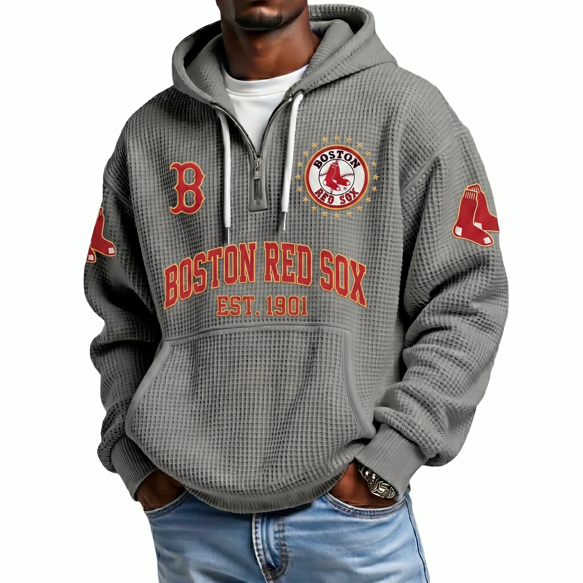 Boston Red Sox EST 1901 Printed Waffle Quarter Zip Baseball Fan Hoodie