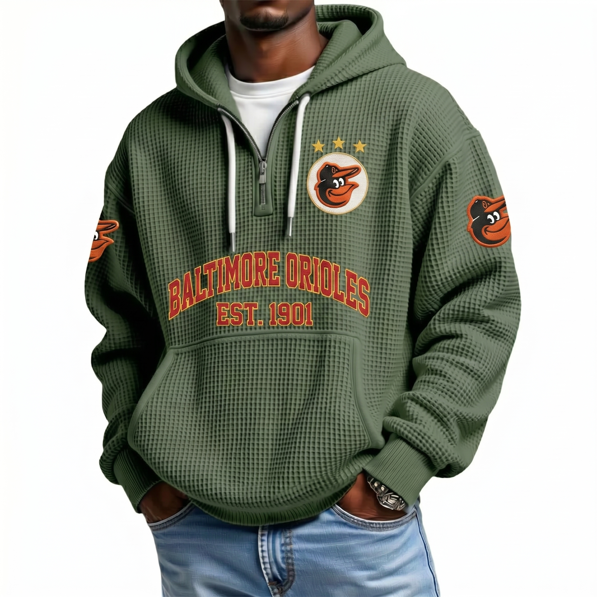 Baltimore Orioles EST 1901 Printed Waffle Quarter Zip Baseball Fan Hoodie