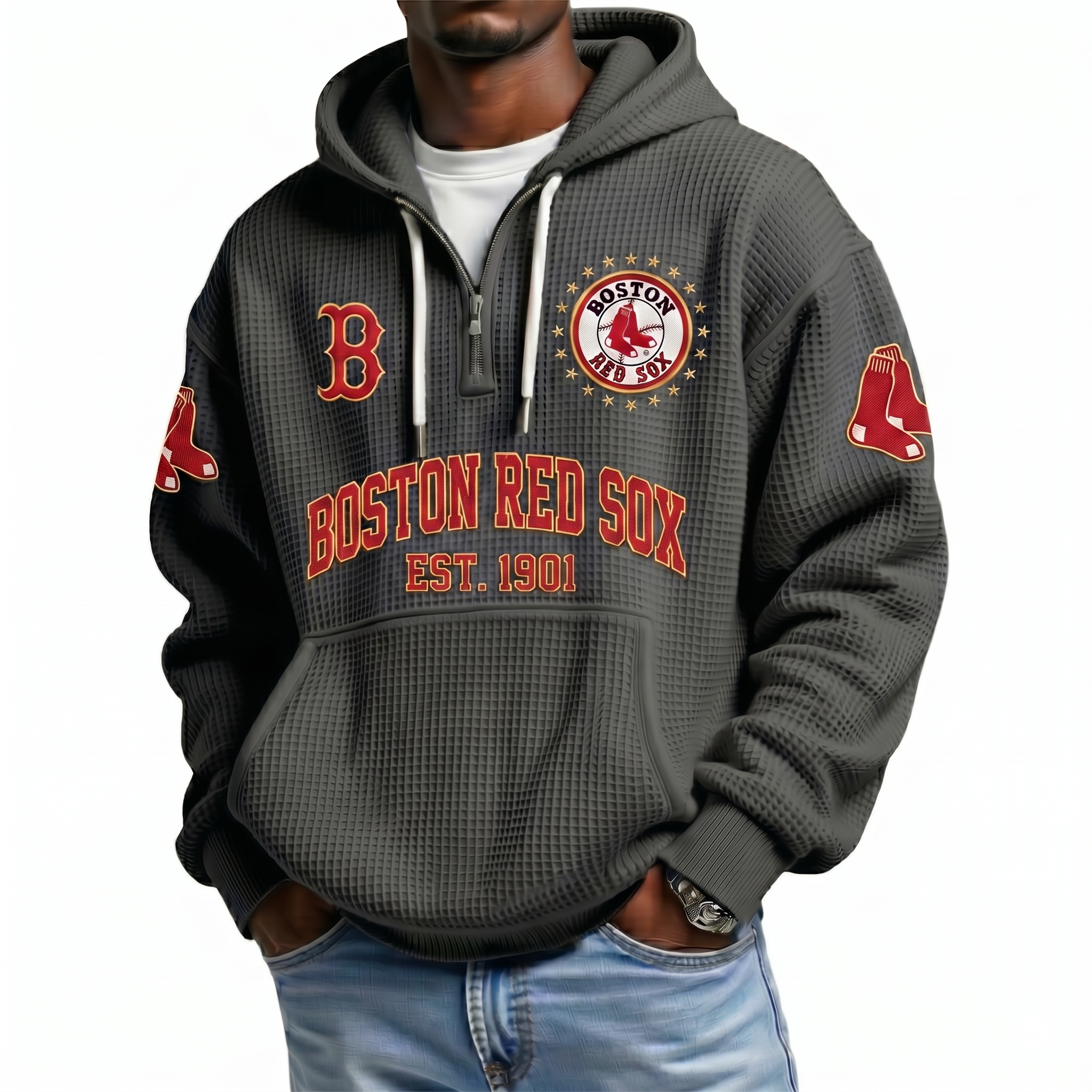 Boston Red Sox EST 1901 Printed Waffle Quarter Zip Baseball Fan Hoodie