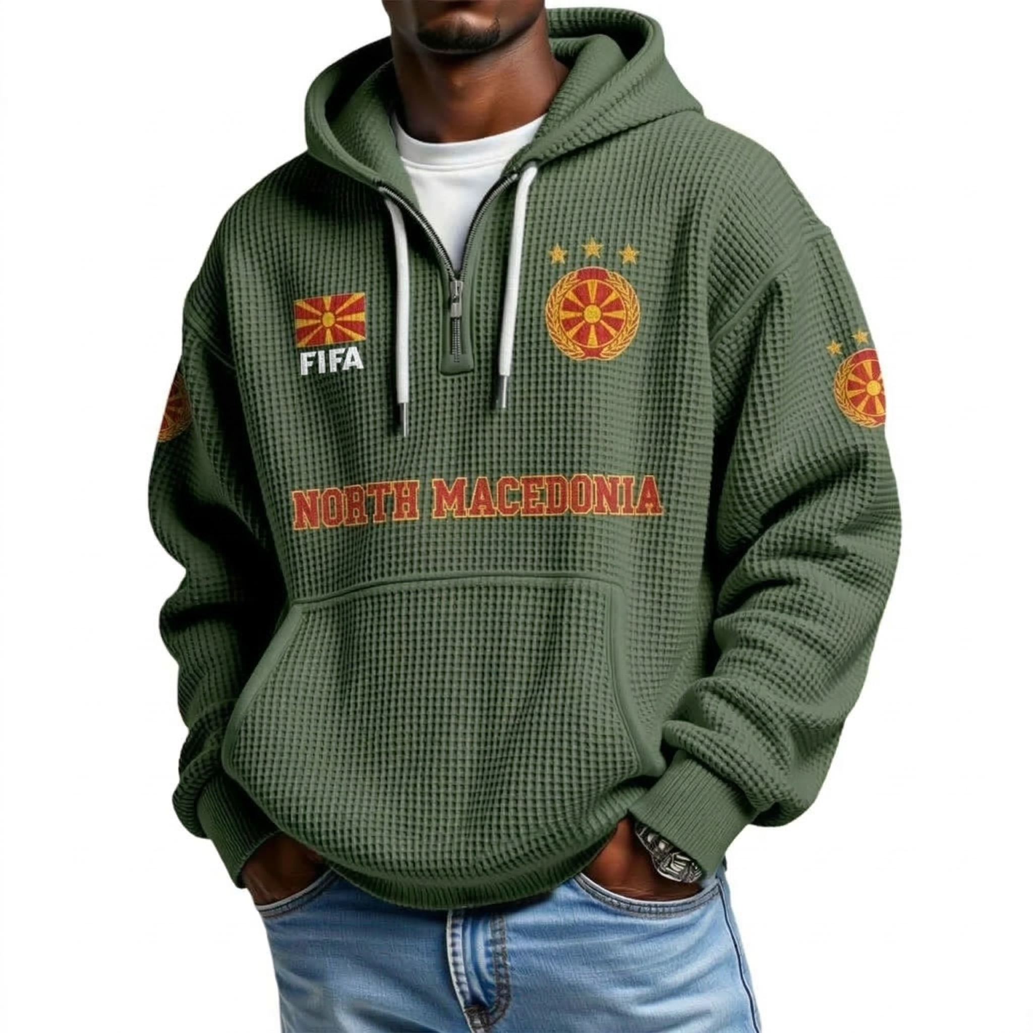 FIFA 2026 North Macedonia Printed Waffle Quarter Zip Football Fan Hoodie