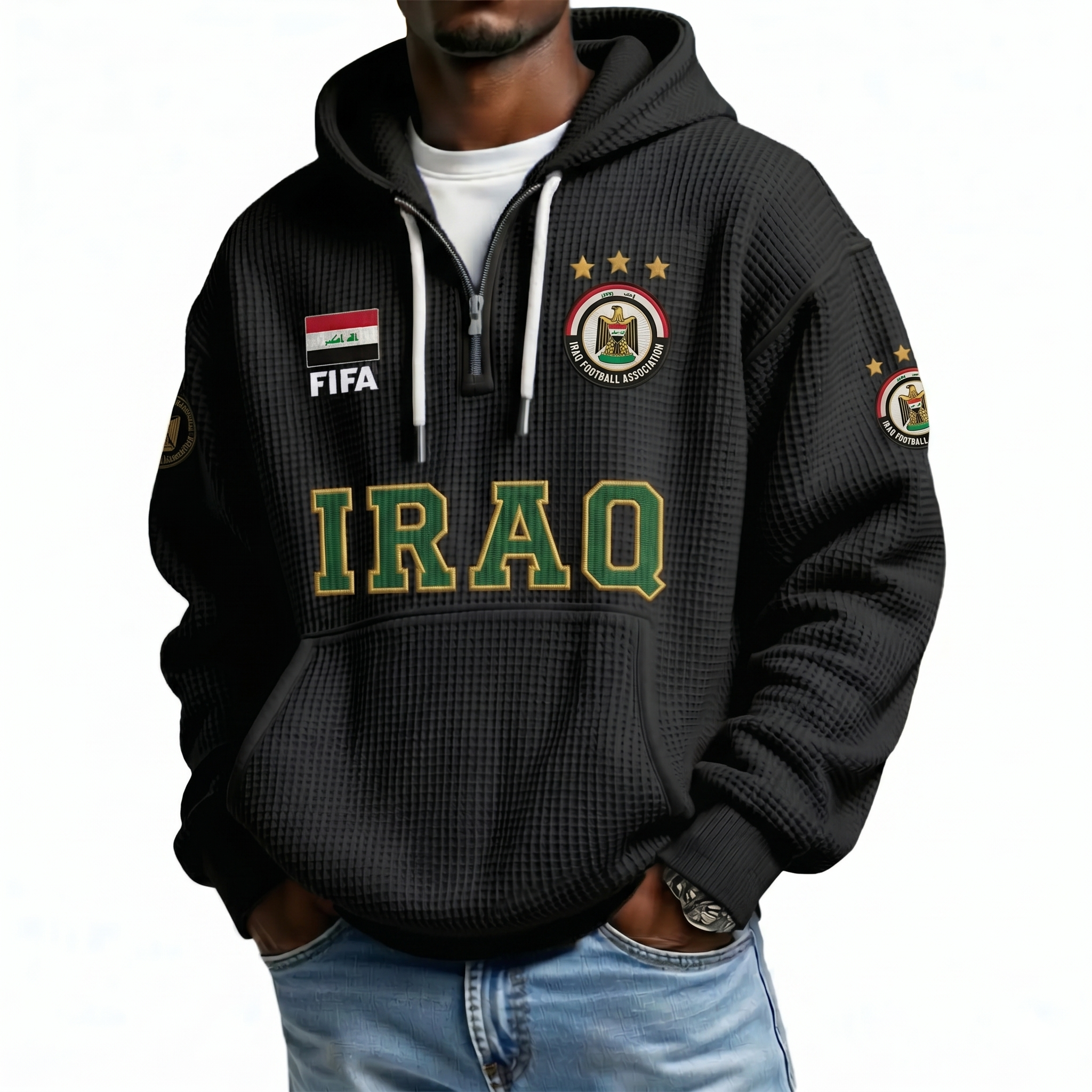 FIFA 2026 Iraq Printed Waffle Quarter Zip Football Fan Hoodie