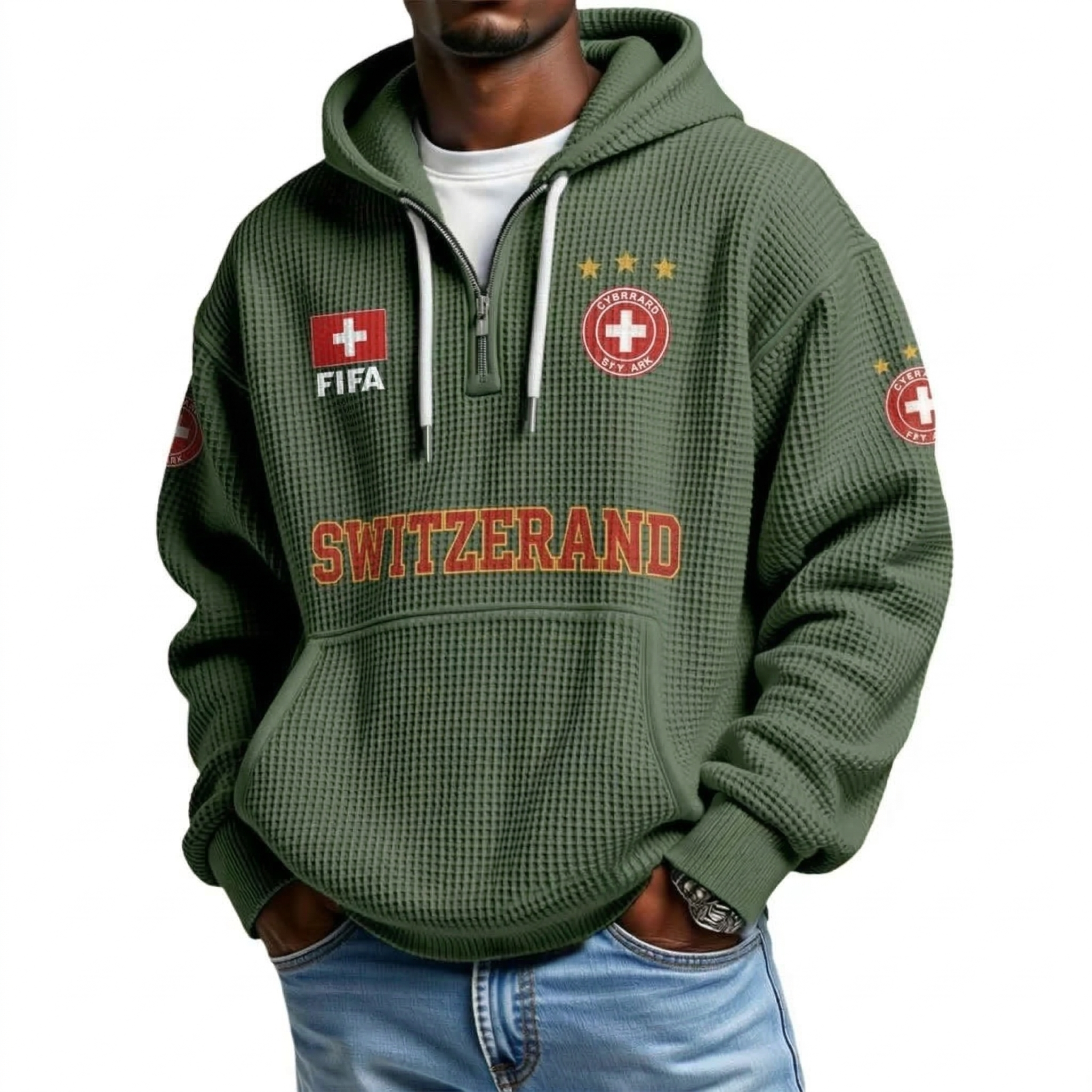 FIFA 2026 Switzerland Printed Waffle Quarter Zip Football Fan Hoodie
