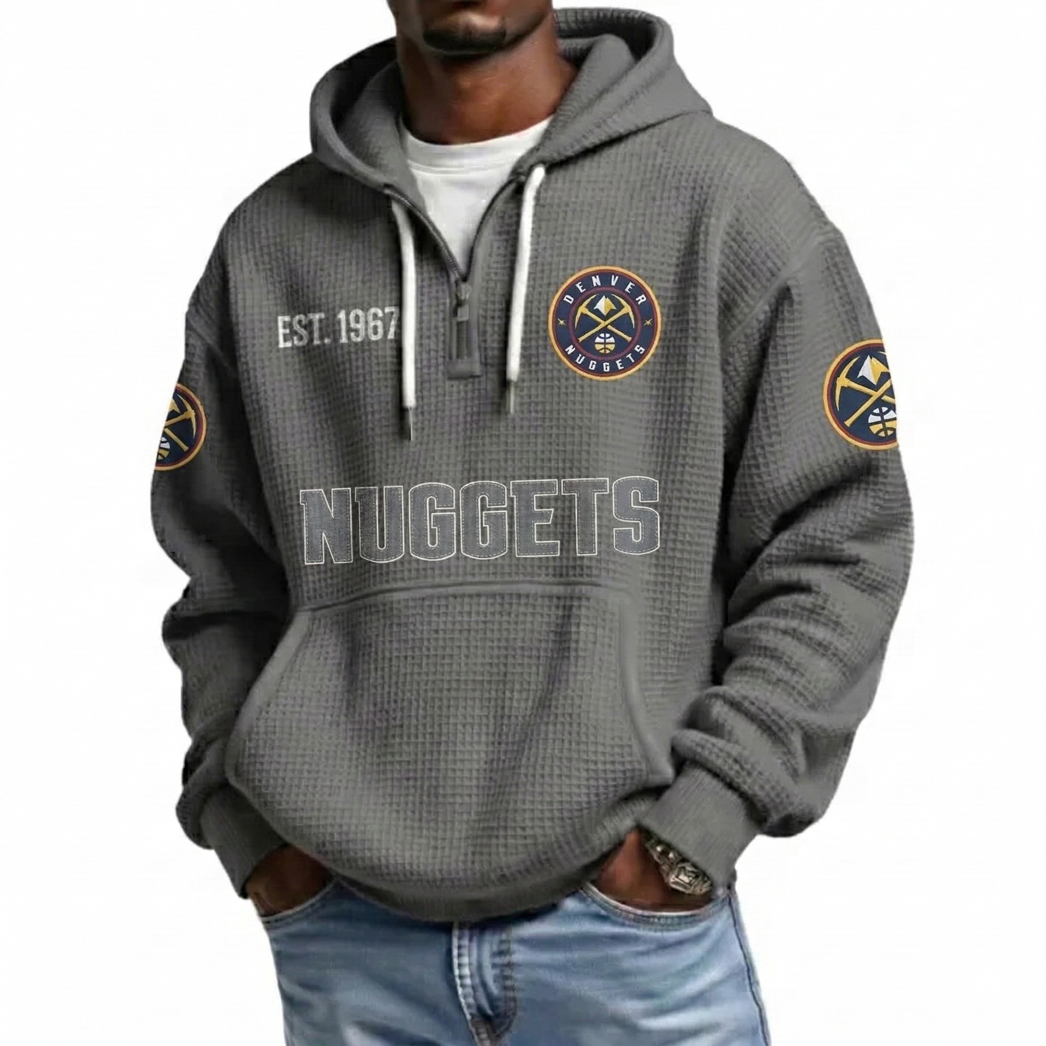 Denver Nuggets EST 1967 Printed Waffle Quarter Zip Basketball Fan Hoodie