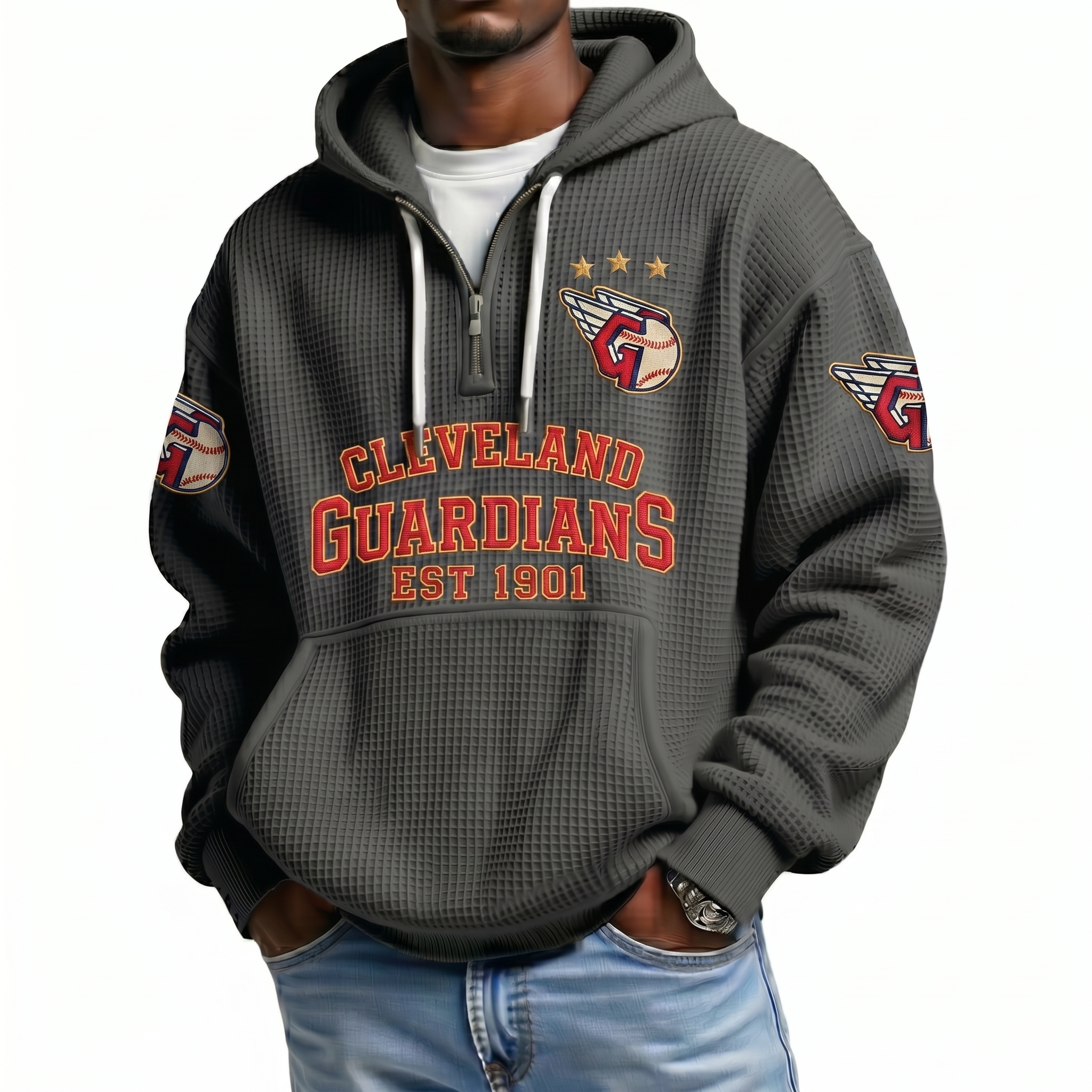 Cleveland Guardians EST 1901 Printed Waffle Quarter Zip Baseball Fan Hoodie