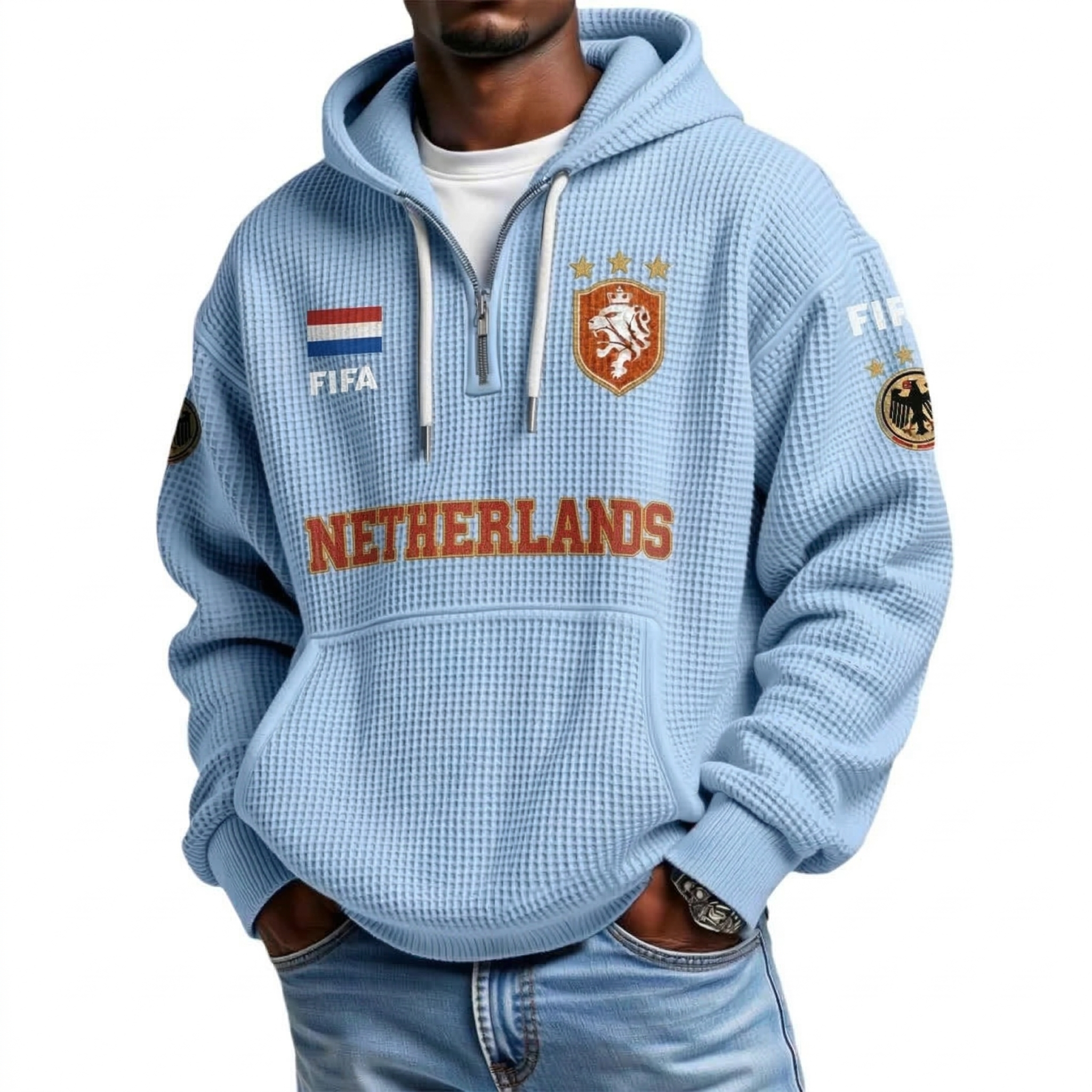 FIFA 2026 Netherlands Printed Waffle Quarter Zip Football Fan Hoodie