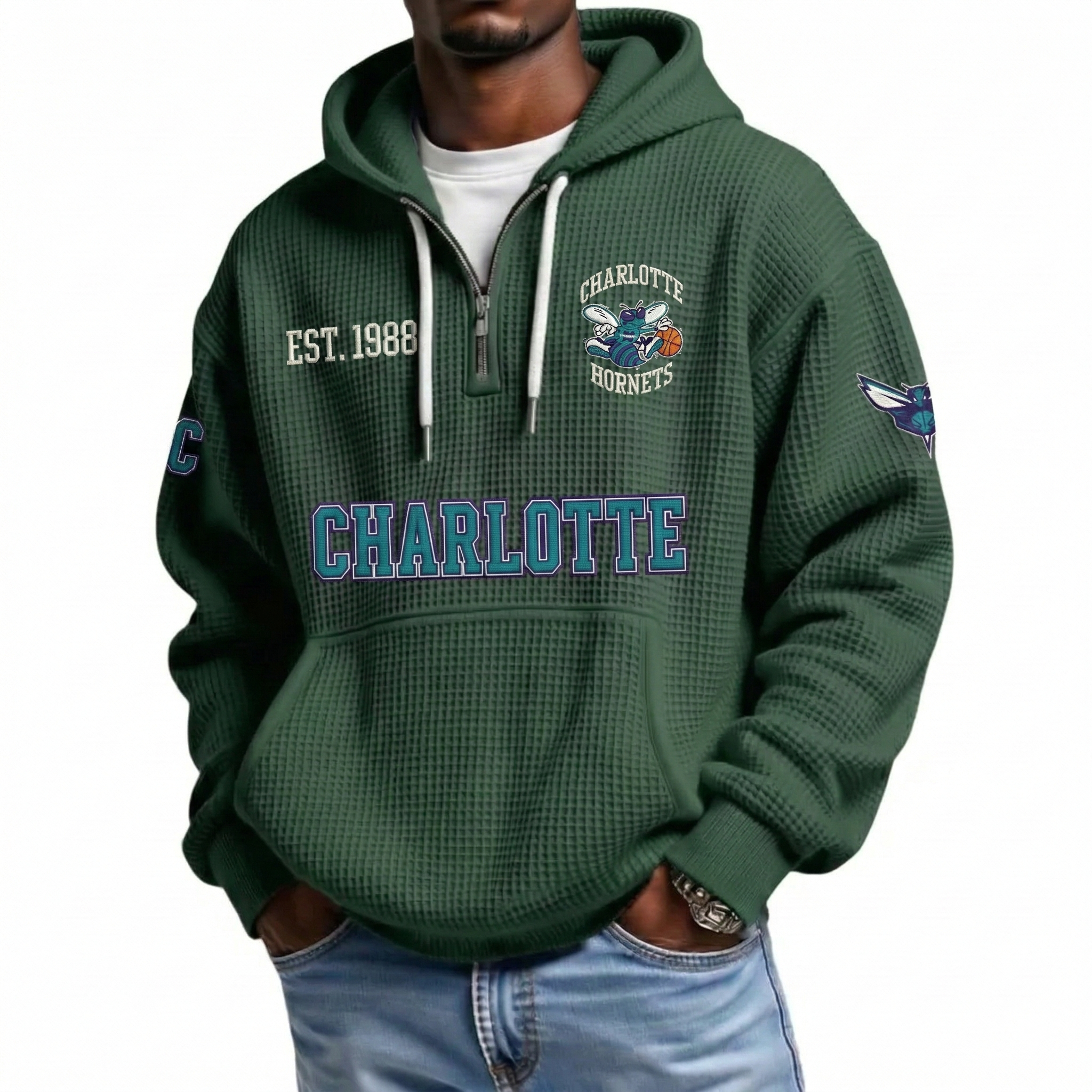 Charlotte Hornets EST 1988 Printed Waffle Quarter Zip Basketball Fan Hoodie