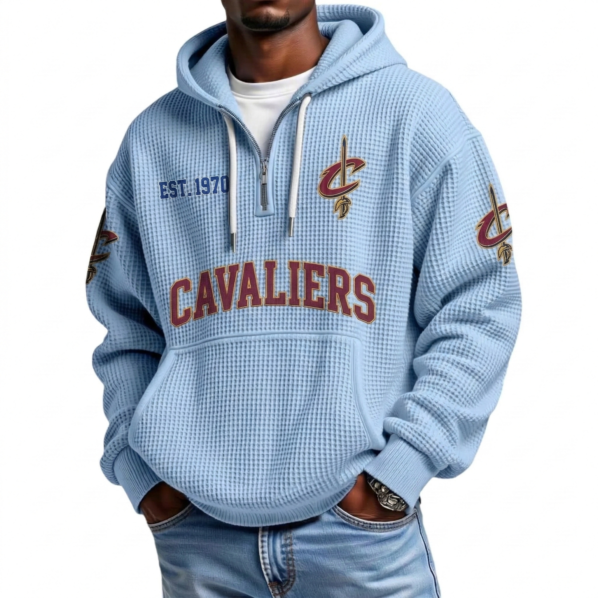 Cleveland Cavaliers EST 1970 Printed Waffle Quarter Zip Basketball Fan Hoodie