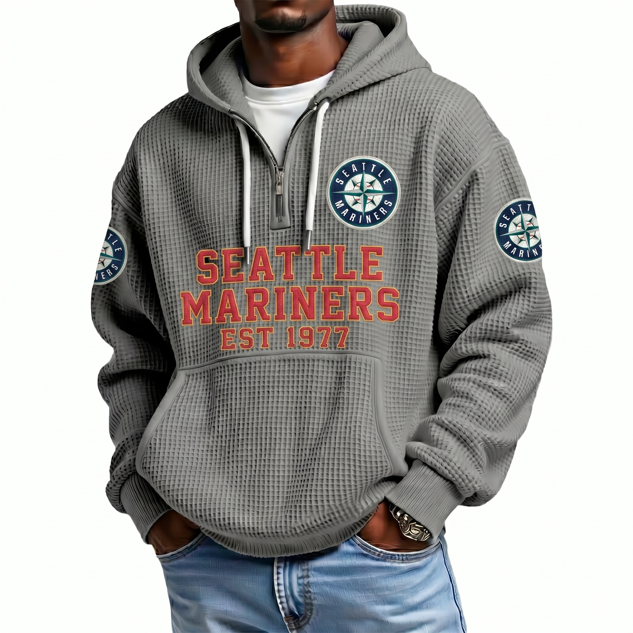 Seattle Mariners EST 1977 Printed Waffle Quarter Zip Baseball Fan Hoodie