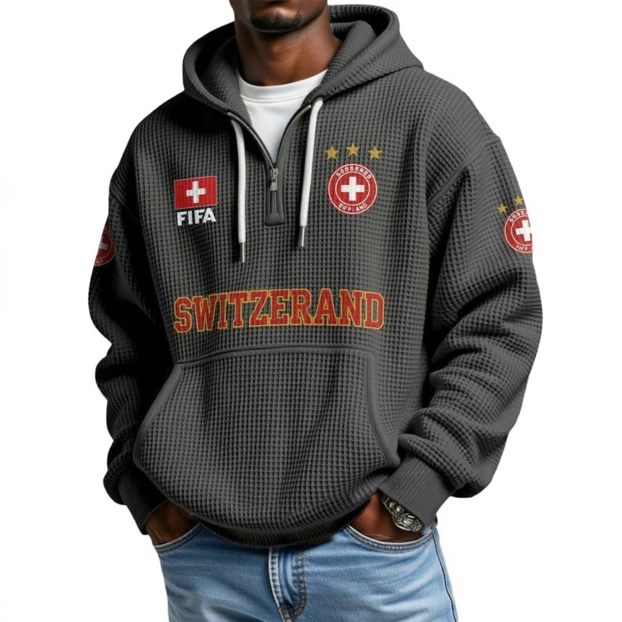 FIFA 2026 Switzerland Printed Waffle Quarter Zip Football Fan Hoodie