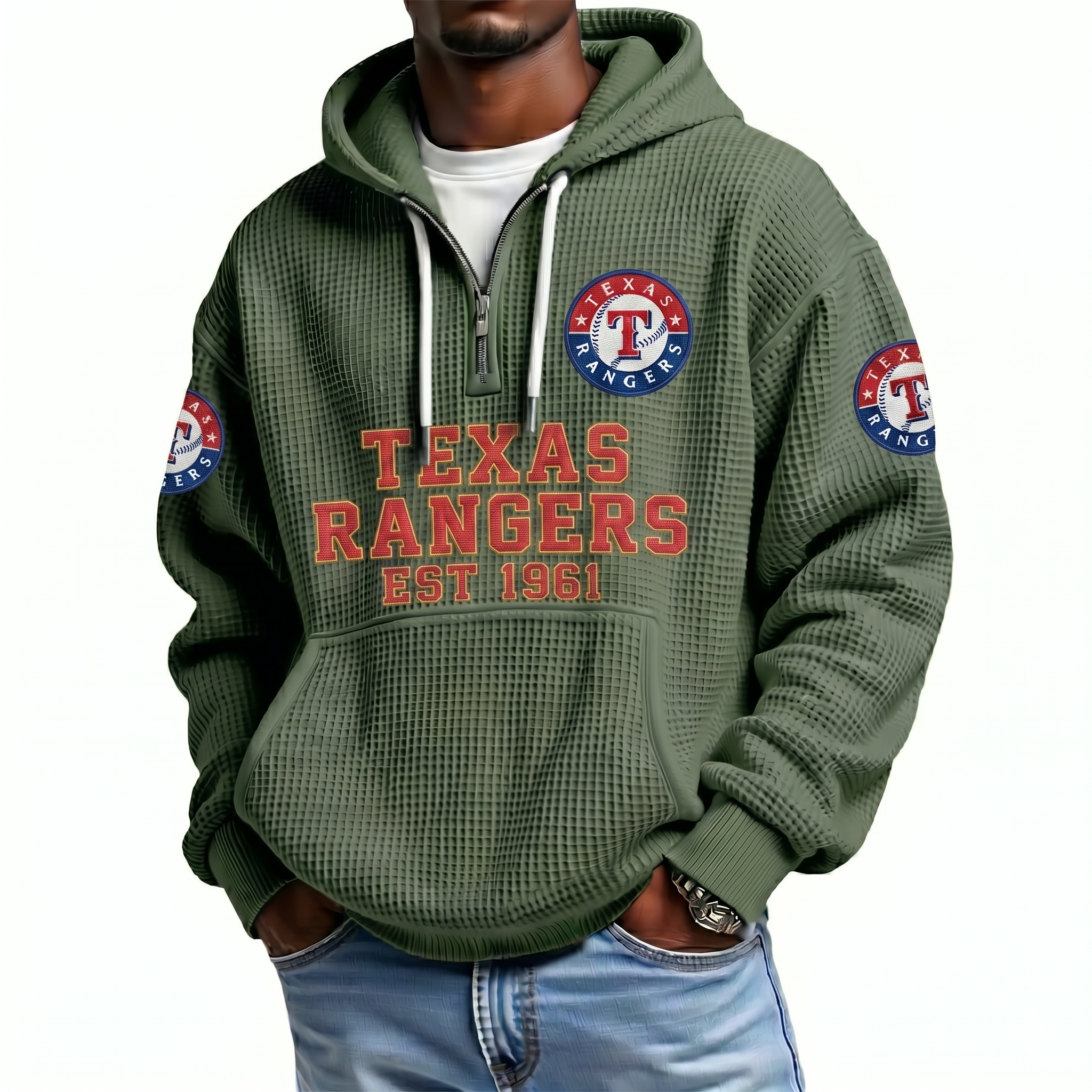 Texas Rangers EST 1961 Printed Waffle Quarter Zip Baseball Fan Hoodie