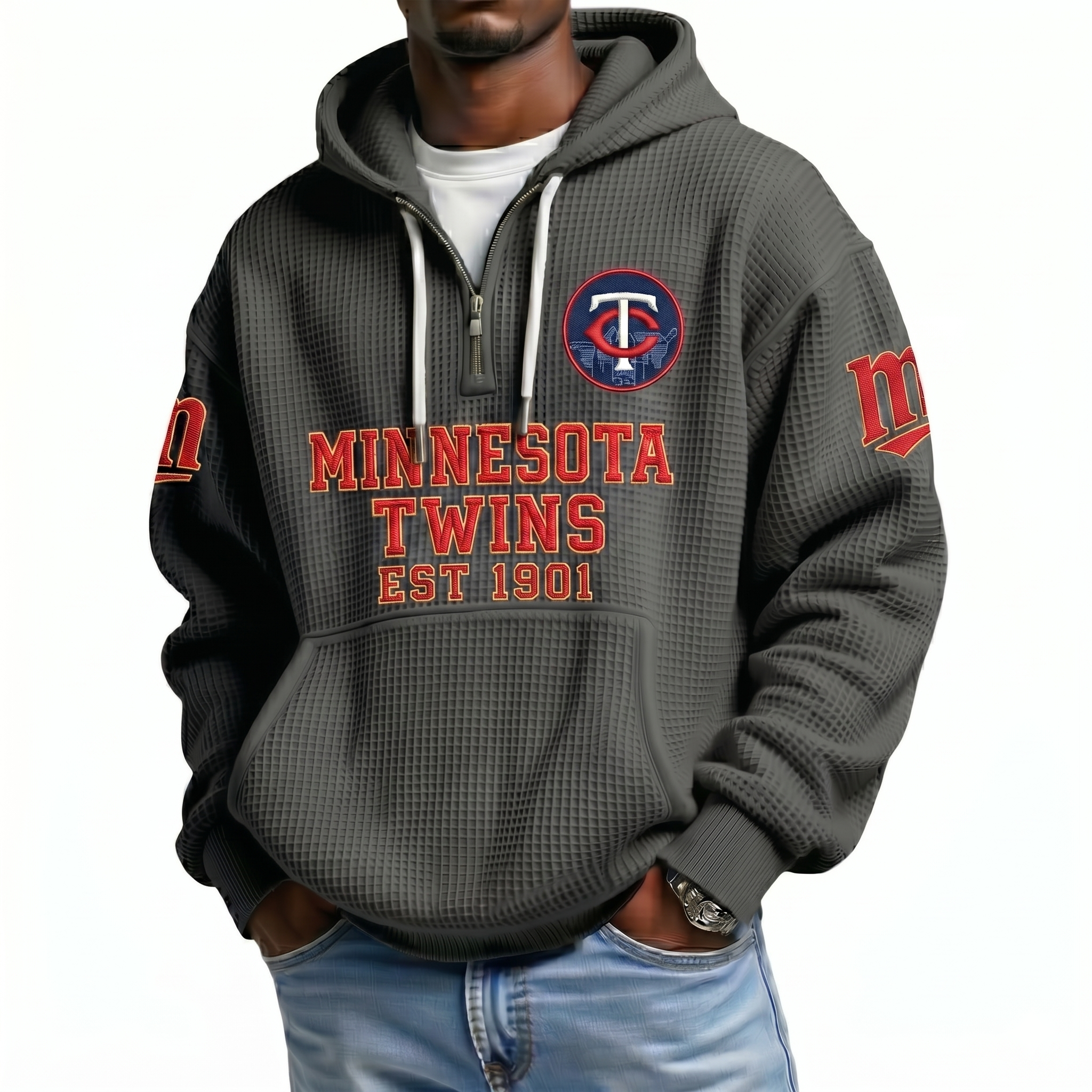Minnesota Twins EST 1901 Printed Waffle Quarter Zip Baseball Fan Hoodie